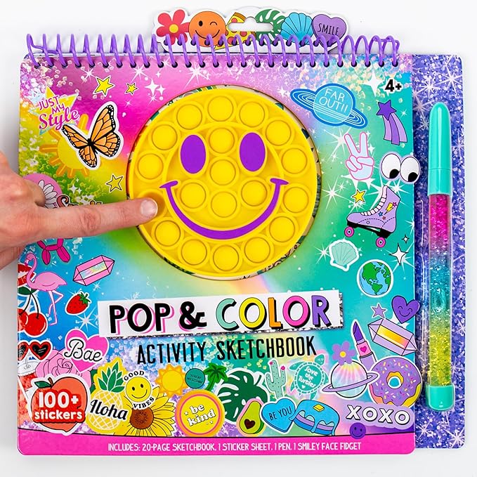Just My Style Pop & Color Sketchbook, Creative Fidget Sketchbook and Pen Set, Great Weekend Activity, Includes Cute Puffy Stickers & Mindfulness Activity Book for Kids Ages 6, 7, 8, 9