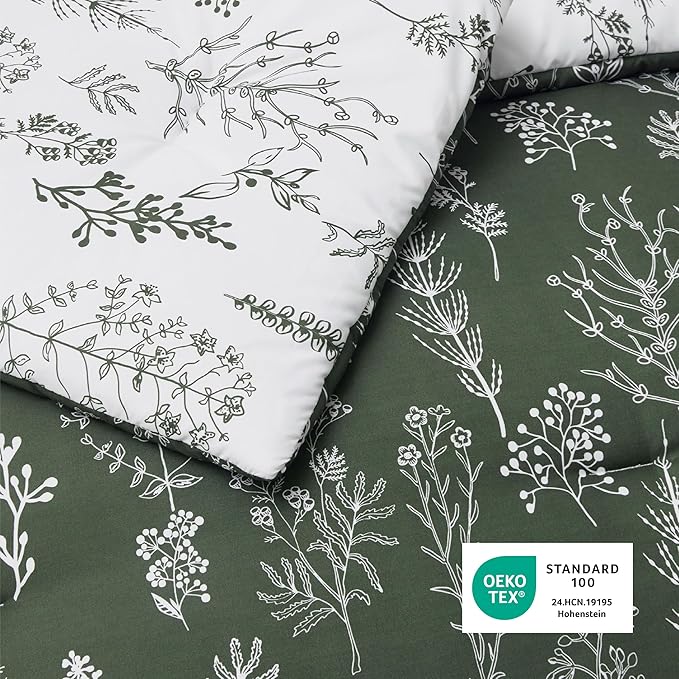Bedsure Full Comforter Set - Dark Olive Green Bed Set, 3 Pieces Cute Floral Bedding, 1 Soft Reversible Botanical Flowers Comforter and 2 Pillow Shams