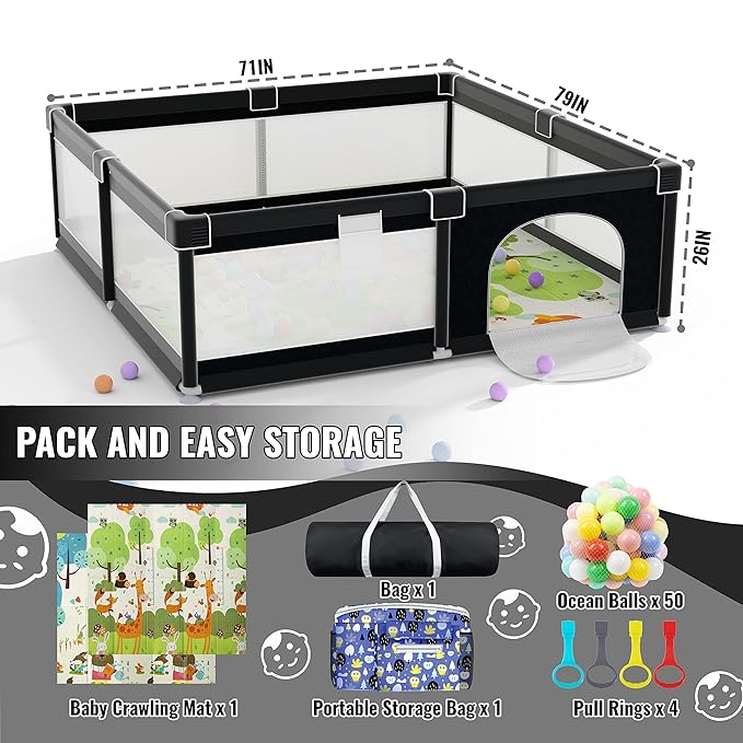 LUTIKIANG Extra Large 79" x 71" Baby Playpen with Mat, Baby Gate Play Yard, Portable Toddler Playpen, Large Play Pen for Babies, Mat Included, Play Area for Babies and Toddlers (Black)