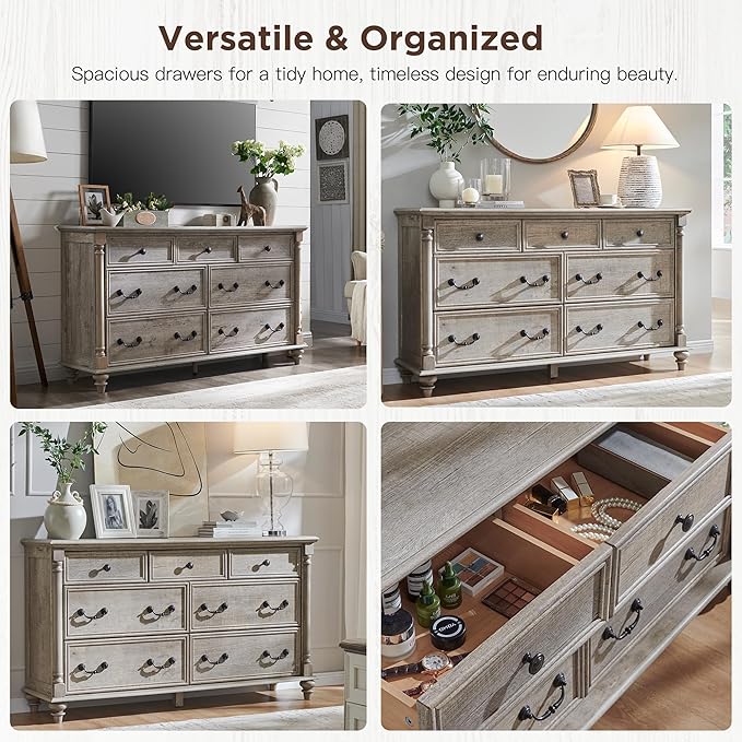 T4TREAM Farmhouse 7 Drawers Dresser Chests for Bedroom w/ 4 Column Solid Wood Feet, Tall Wide Wood Country Rustic Chest of Drawers, Storage Dressers for Bedroom, Living Room, Light Rustic Oak