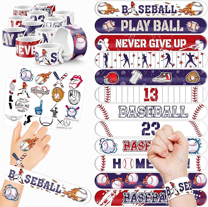 48PCS Baseball Party Favors - 24 Tattoos & 24 Slap Bracelets for Kids, Perfect for Sports-Themed Birthdays, School Prizes, and Classroom Rewards