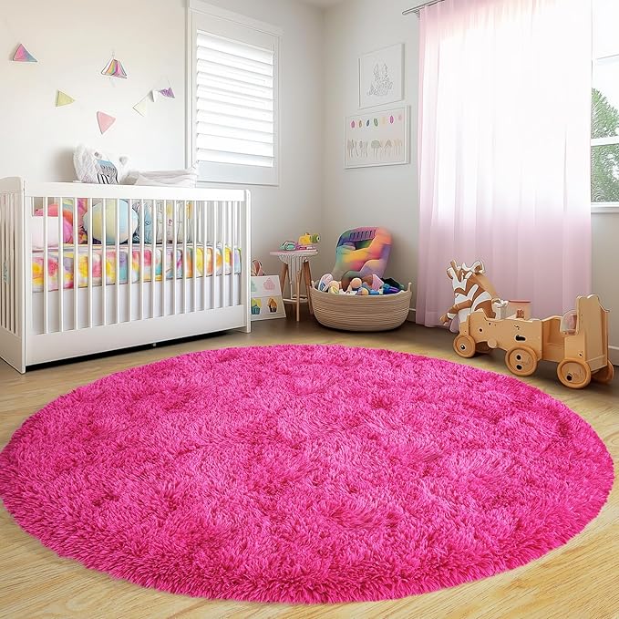 Xexsin Round Fluffy Rugs 7Ft for Girls Bedroom, Hot Pink Shag Circle Kids Rug Non-Slip for Bedside Dorm Nursery Playroom, Soft Cute Area Rugs for Living Room Decor