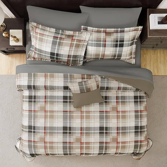 MaiRêve Plaid Queen Comforter Sets Khaki, Classic Farmhouse Bedding Set Bed in A Bag 7 Pieces, Lightweight All Season Comforter Set with Fitted & Flat Sheet, Pillowcases & Shams
