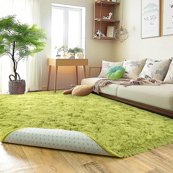 Xexsin Ultra Fluffy Area Rugs for Living Room Bedroom, 6x9 Fuzzy Large Living Room Rugs, Thick Shag Rug for Dorm, Soft Non Slip Kids Girls Boys Rug for Home Decor Aesthetic, Green
