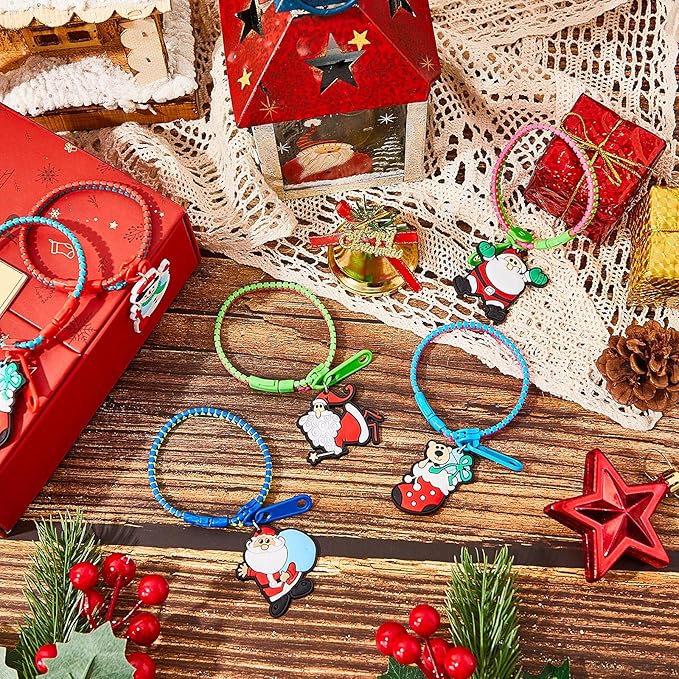 Hicarer 24 Pieces Christmas Zipper Bracelets Fidget Toys Bulk Neon Color Friendship Zipper Bracelet with Snowman Christmas Tree Santa Claus Pendant for Kids Christmas Birthday Party Favors