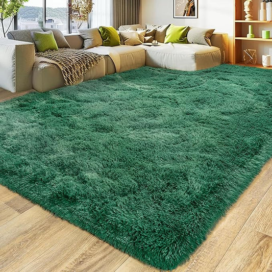 Xexsin Ultra Fluffy Area Rugs for Living Room Bedroom, 6x9 Fuzzy Large Living Room Rugs, Thick Shag Rug for Dorm, Soft Non Slip Kids Girls Boys Rug for Home Decor Aesthetic, Dark Green