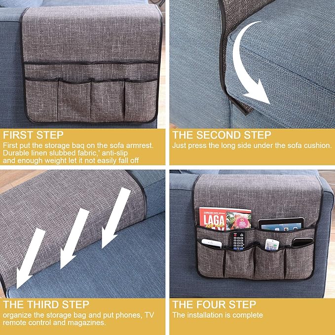 Armchair Caddy Remote Control Holder Sofa Organizer Non-Slip Couch Arm Chair Caddy with 6 Pockets for Tablets,Smart Phone,Books,Pens,Magazines,Ipad (19x35In, Darkgrey)