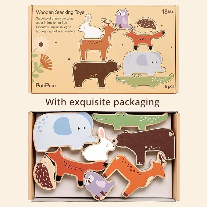 PairPear Wooden Stacking Toys for Toddlers Animals Stacking Blocks Balance Game for Preschoolers Montessori Sensory Toys with Large Blocks Educational Gift for Boys and Girls 18 Months+
