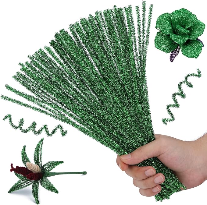 Hssugi Green Pipe Cleaners, 100PCS Pipe Cleaners Craft Supplies, Glitter Golden Pipe Cleaners Bulk Fuzzy Sticks for DIY Art and Craft Projects Home Decoration