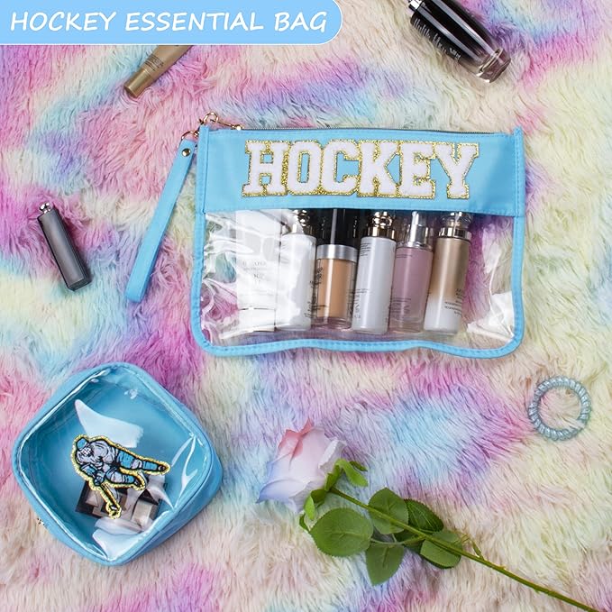 BuyCard 2 Pcs Hockey Gifts Makeup Bag with Chenille Letter Patch, Clear Cosmetic Pouch PVC Organizer Purse, Waterproof Travel Bag, Portable Toiletry Storage Bag for Her Girls Friends Women