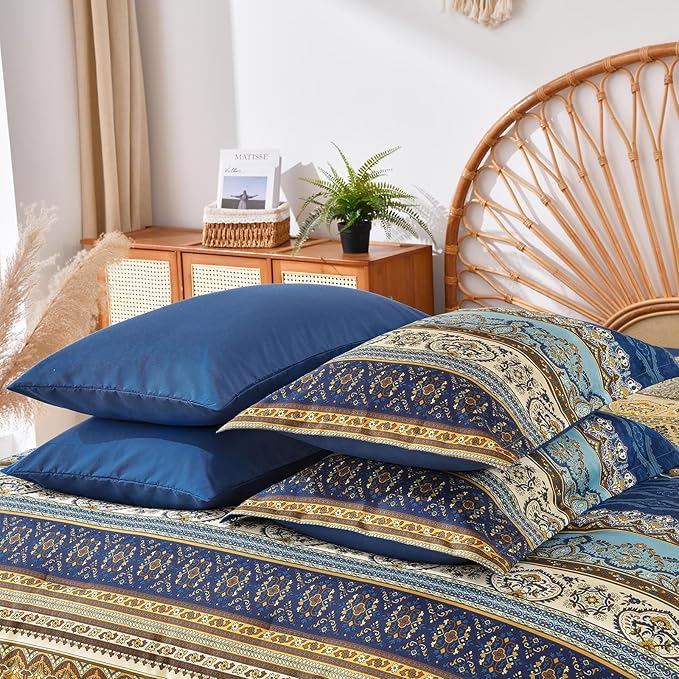Cottolester Boho Comforter Set California King Size 8 Pieces,Brown Blue Bohemian Comforter Paisley Striped Bed in A Bag,Soft Microfiber Bedding Set for All Season