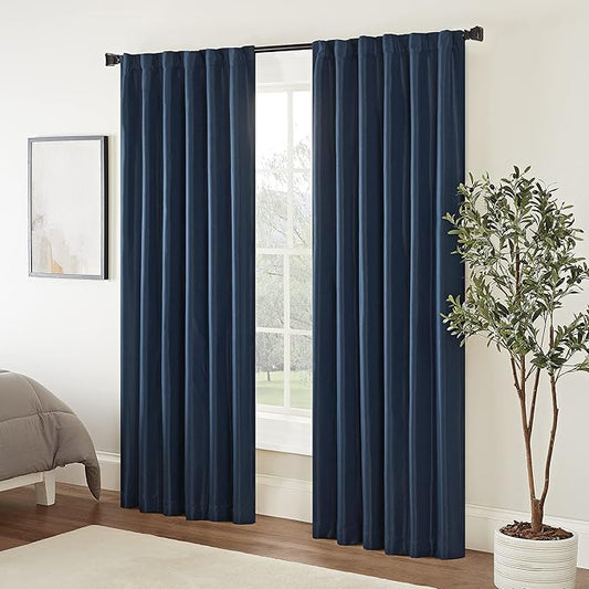 Eclipse Fresno Modern Blackout Thermal Rod Pocket Window Curtain for Bedroom (1 Panel), 52 in x 63 in, Dark Blue