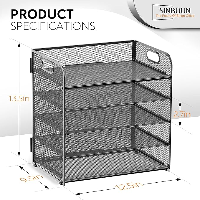 2 Pack Letter Tray 5-Tier Desk Organizer File Paper Holder with Handle, Metal Desktop Document Shelf Tray Office Classroom Organization - Black