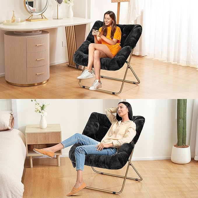 Comfy Saucer Chair, Foldable Living Room Chairs, Soft Faux Fur Lounge Chair for Bedroom, Reading Chairs for Adults, Kids, X-Large (Black)