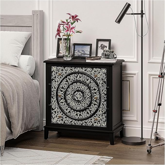 COZAYH 3-Drawer Fully-Assembled Flower Motif Dresser for French Country, Modern, Rustic Style, Distressed Finish, Gold & Black