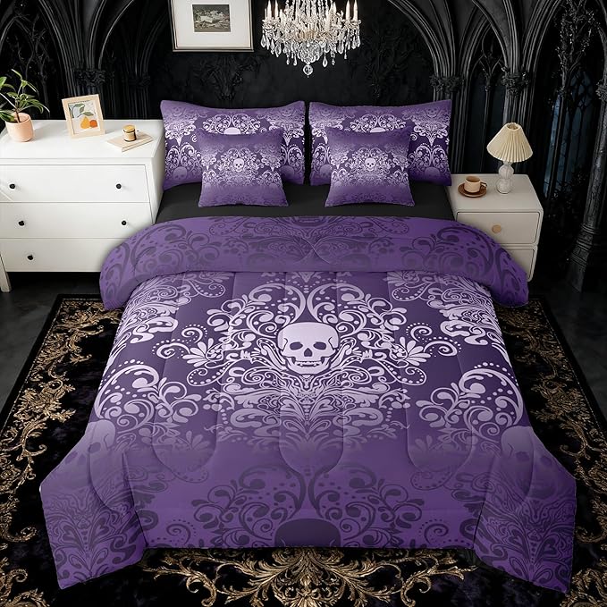 Feelyou Gothic Skull King Comforter Set with Sheets for Kids Boys Girls Damask Print 7 Pieces Bedding Set Goth Bohemian Bed in a Bag Purple Room Decor Soft Lightweight Microfiber