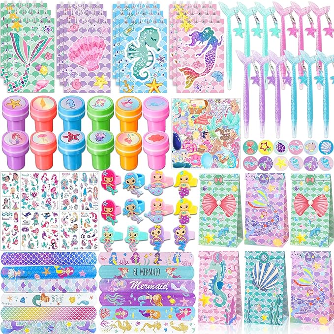 132 Pcs Mermaid Party Favors, Mermaid Birthday Party Favorsfor Kids with Mini Notebooks Pens Slap Bracelets Rings Hairpin Stampers Stickers Bags for Girls Mermaid Birthday Party Decorations Supplies