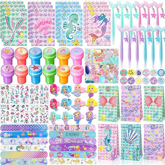132 Pcs Mermaid Party Favors, Mermaid Birthday Party Favorsfor Kids with Mini Notebooks Pens Slap Bracelets Rings Hairpin Stampers Stickers Bags for Girls Mermaid Birthday Party Decorations Supplies