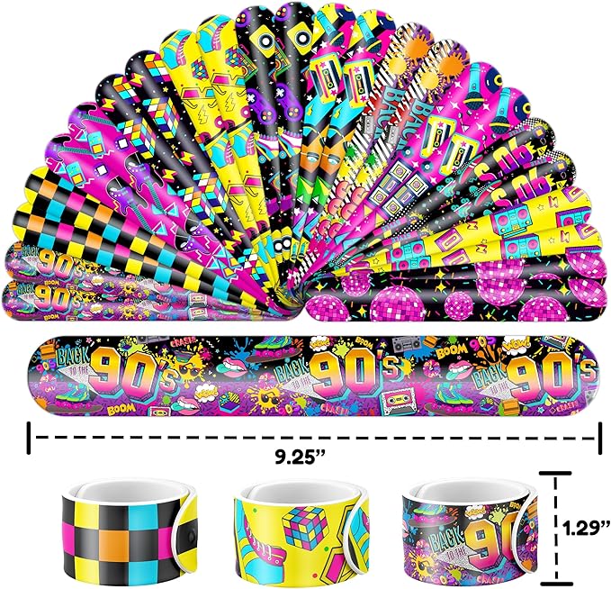 48PCS 90s & 80s Party Favors - 24PCS Tattoos & 24PCS Slap Bracelets, Retro 90s Birthday Party Supplies Decorations, Ideal for Kids’ Classroom Prizes & Rewards for Boys & Girls