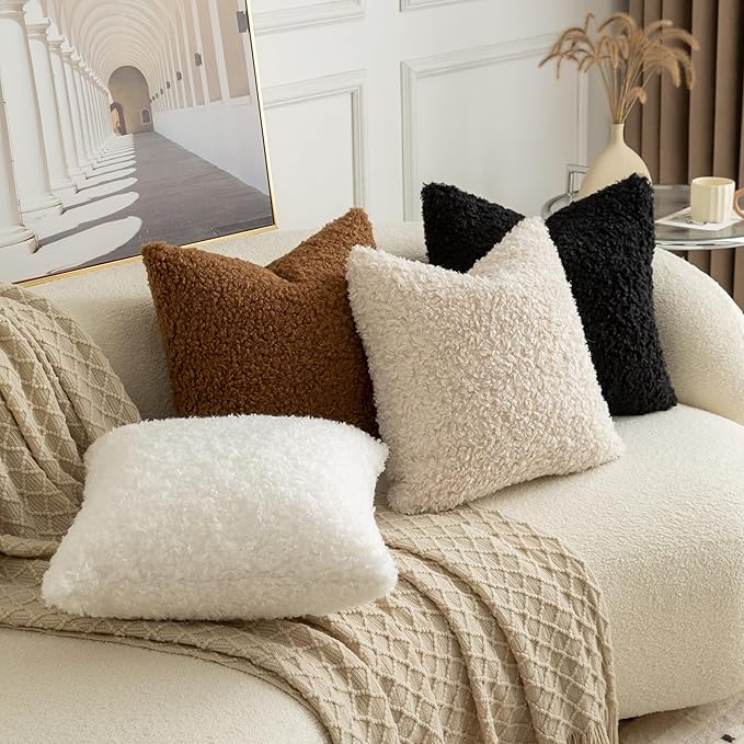 Pack of 2 Curly Teddy Wool Faux Fur Throw Pillow Covers Fuzzy Accent Soft Sherpa Pillowcases Sheepskin Fleece Decorative Cushion Case for Sofa Couch Living Room 24x24 Inch Black