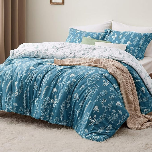 Bedsure California King Comforter Set - Teal Blue Bed Set, 3 Pieces Cute Floral Bedding, 1 Soft Reversible Botanical Flowers Comforter and 2 Pillow Shams