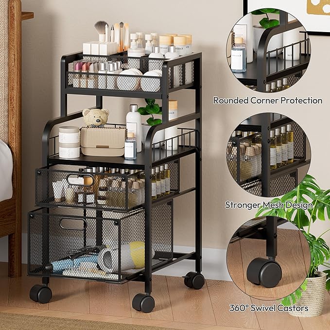 SWTYMIKI Rolling Cart with Drawers - Metal Utility Cart with Wood Shelf, DIY Divider and Locking Wheels, Craft & Art Cart Organizer for Under Desk Storage for Home Office Studio, Black