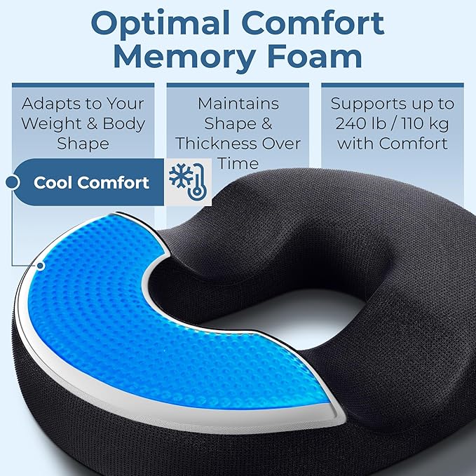 5 STARS UNITED Donut Pillow Hemorrhoid Tailbone Cushion – Large Chair Pad for Pain Relief – Coccyx, Prostate, Sciatica, Pelvic Floor, Pressure Sores, Pregnancy, Postpartum Recovery, Arctic Black
