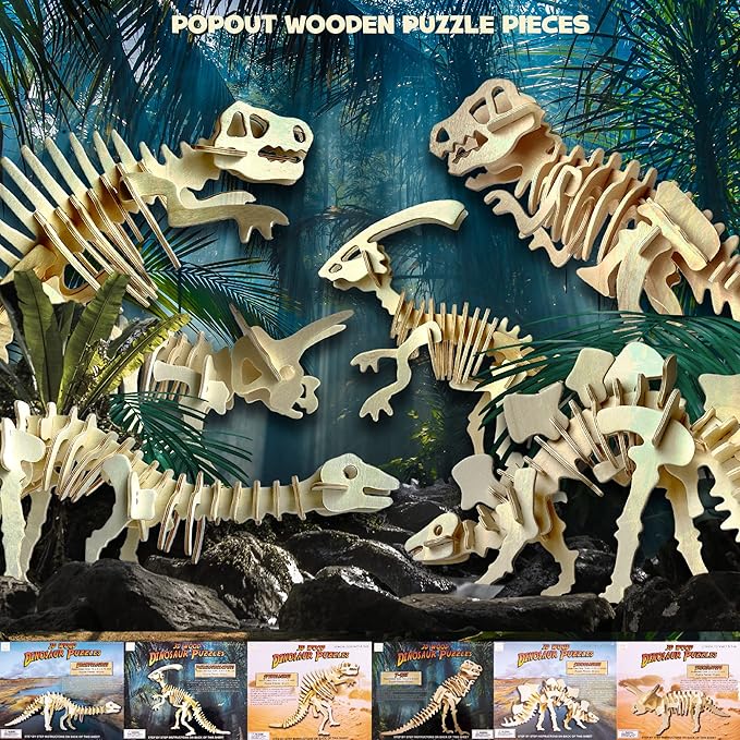 Hapinest 3D Puzzle Wooden Dinosaur Puzzles, 3D Wooden Puzzles Dinosaur Model Kit for Kids, Makes 6 Dinos, Building Toys Wood 3D Puzzles for Kids Boys & Girls Ages 5 6 7 8 9 10 11 12 Years Old & Up