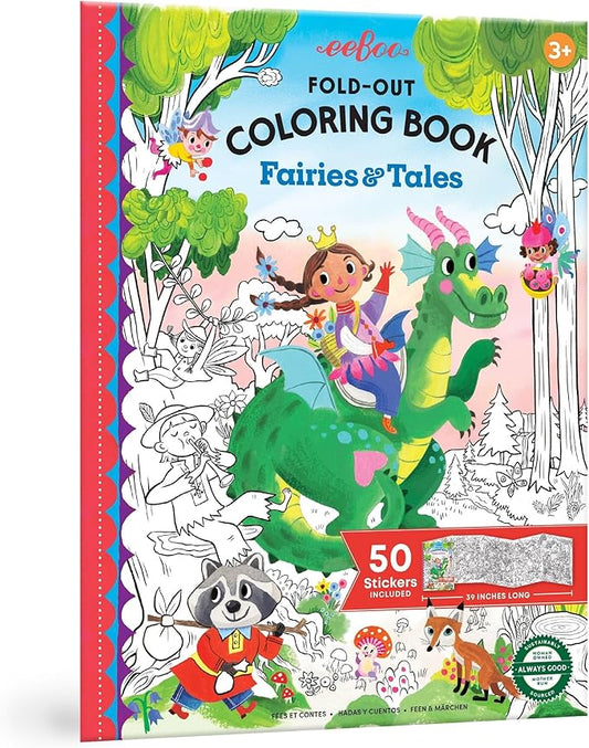eeBoo: Fairies & Tales Fold-Out Coloring Book with Stickers, Includes 50 Full-Color Stickers, Folds Out for 39" of Coloring, Kids Activity Ages 3+