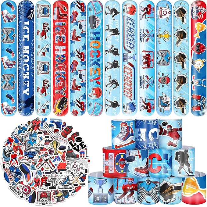 74 PCS Ice Hockey Party Favors, 24 PCS Ice Hockey Slap Bracelets 50 PCS Ice Hockey Stickers Ice Hockey Birthday Party Decorations Supplies Gifts for Kids Classroom Rewards
