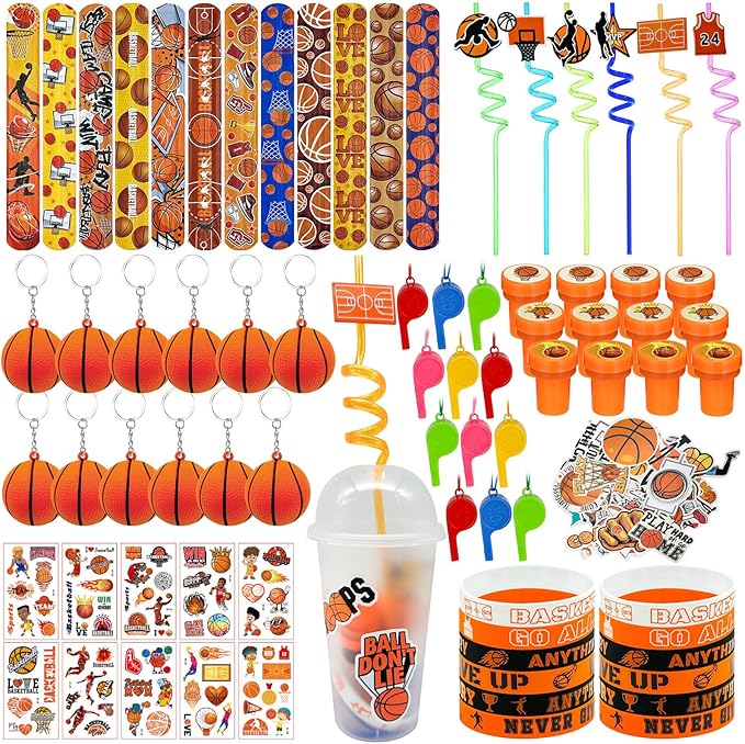 146 Pcs basketball Party Favors, Sports Party Supplies with Cup Straw Basketball Keychain Tattoo Sticker Slap Bracelet Whistle Treat Bag Fillers for Classroom Rewards Birthday Party (Basketball)