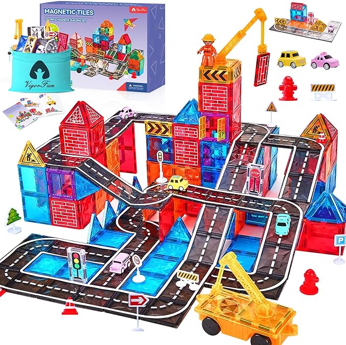 Magnetic Tiles Road Set with Car Crane and Toy Figurine, Construction Tiles Building Blocks Set for Kids Birthday Gifts, Educational STEM Sensory Toys for 3 4 5 6 7 8+ Year Old Toddlers Boys Girls