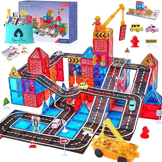Magnetic Tiles Road Set with Car Crane and Toy Figurine, Construction Tiles Building Blocks Set for Kids Birthday Gifts, Educational STEM Sensory Toys for 3 4 5 6 7 8+ Year Old Toddlers Boys Girls