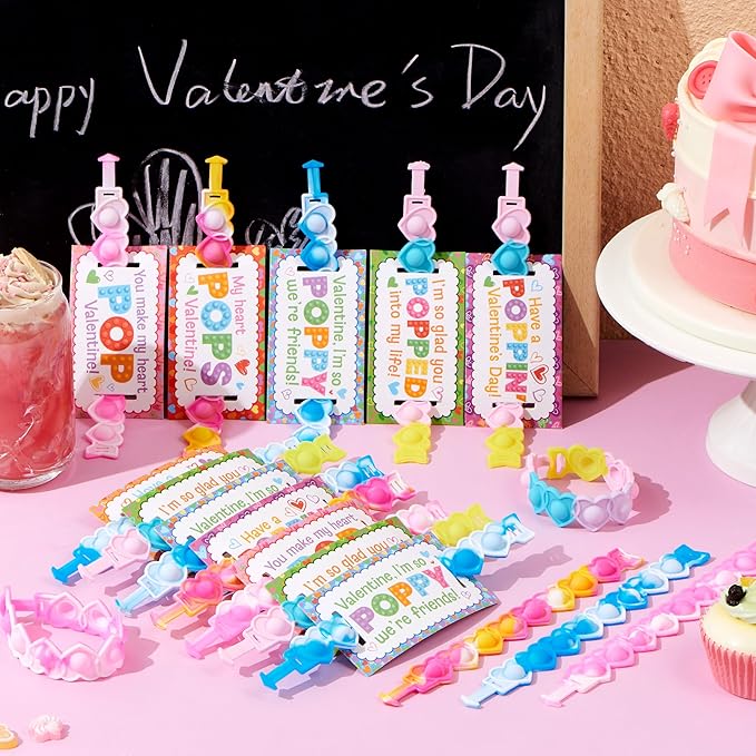 JOYIN 28 PCS Valentines Day Gifts for Kids, Valentines Cards with Heart Pop Bubble Bracelets, Stress Relief Fidget Toys for Girls Boys Toddler Valentines Classroom School Exchange Gifts Party Favor