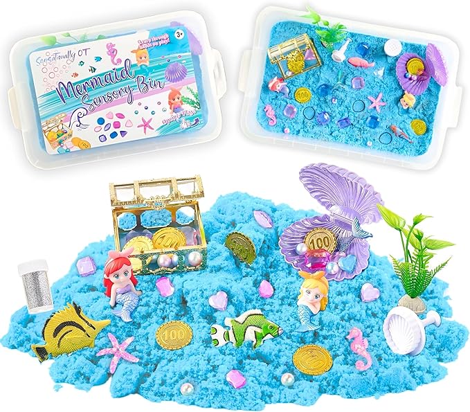 38 PCS Mermaid Sensory Sand Bin with Magic Sand,Seashell Stamp, Sensory Bin & Treasure Accessories – Perfect for Creative Play and Learning, Ideal Gift for Toddlers & Kids