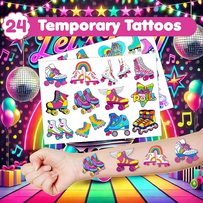 48PCS Roller Skate Party Favors - 24PCS Tattoos & 24PCS Slap Bracelets - Retro 60s & 80s Birthday Supplies, Decorations, Gifts, Classroom Prizes for Boys & Girls