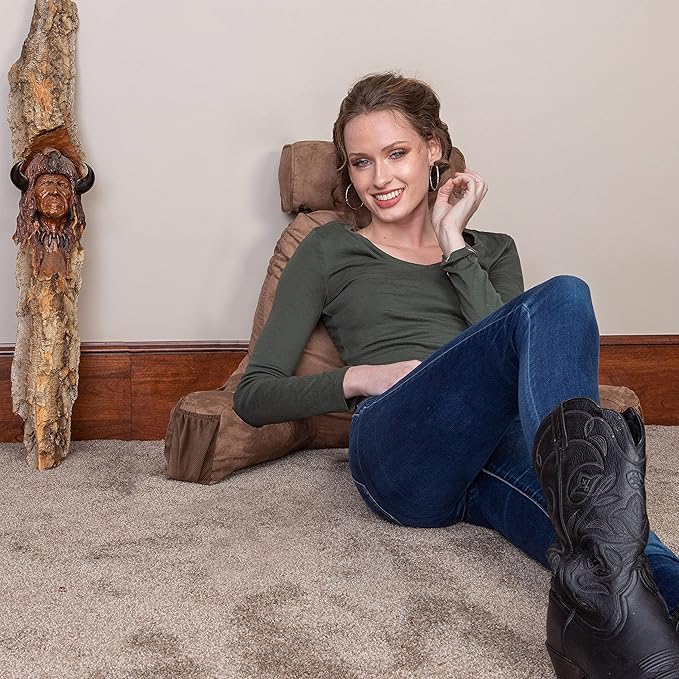 Husband Pillow Medium Aspen Edition Saddle Brown, Sit Up Reading & Bed Rest with Arms, Ultra-Comfy, Detach Neck Roll - Premium Shredded Memory Foam Backrest, Reverses to Micro: Suede or Plush