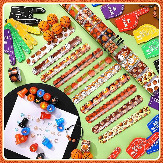 Aoriher 120 Pcs Basketball Sports Party Favors Set Serve 24, Basketball Goodie Bulk Foam Finger Mini Stress Ball Slap Bracelet Charm Bracelet Stamp for Girl Boy Kids Basketball Theme Party Supplies