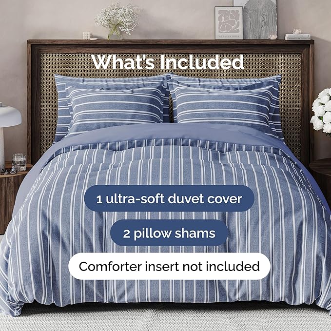 Duvet Cover Cal King Size Set - Extra Soft Cal King Size Duvet Cover 104 x 98 with 2 Pillow Shams - Hotel Luxury and Fade Free w/Zipper Closures & Ties - Comfy Breathable Bedding Set (Blue Stripes)