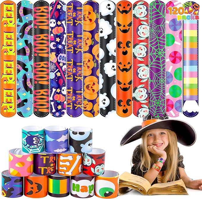 JOYIN 120 PCS Halloween Slap Bracelets Party Favors for Kids - 24 Designs Bracelets for Halloween Decorations, Halloween Treat Bag Stuffers, Non-candy Gift
