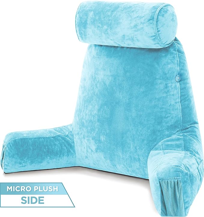 Husband Pillow Medium Aspen Edition Rodeo Blue, Sit Up Reading & Bed Rest with Arms, Ultra-Comfy, Detach Neck Roll - Premium Shredded Memory Foam Backrest, Reverses to Micro: Suede or Plush