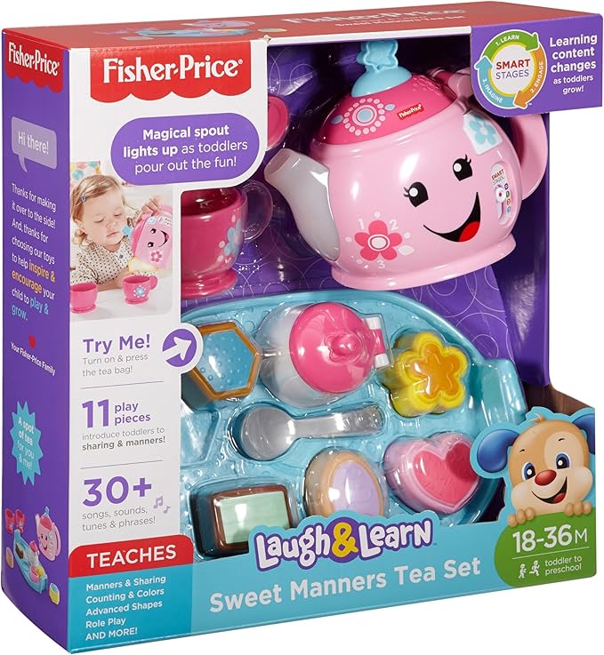 Fisher-Price Toddler Toy Laugh & Learn Sweet Manners Tea Set with Smart Stages Learning Songs for Pretend Play Kids Ages 18+ Months