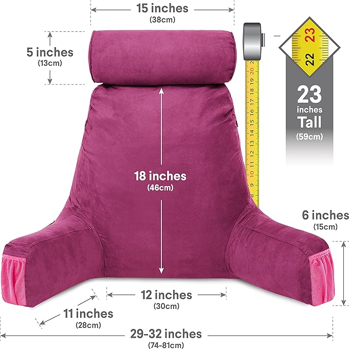 Husband Pillow Medium - Reading Bed Pillow with Arms - Premium Shredded Memory Foam Bed Pillow for Sitting Up - Aspen Edition Sldig Raspberry - Reversible 2 Sided Cover with Plush Microfiber and Suede