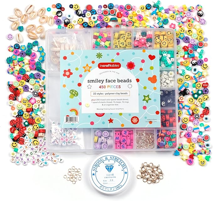 Incraftables Smiley Face Bracelet Beads for Jewelry Making (22 Styles). Friendship Bracelet Kit with Alphabet Beads. Cute Charms for Bracelet Making, Heart, Flower & Fruit Beads for Kids & Adults