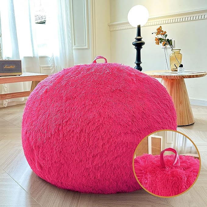 XeGe Fluffy Stuffed Animal Storage Bean Bag Chair Cover(No Filler), Faux Fur Washable Soft Bean Bag Cover for Plush Toys or Textile, Plush Shaggy Large Bean Bag for Adults Kids Teens, Hot Pink
