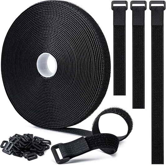 0.8" x32Ft Hook and Loop Straps with 50 Plastic Buckles, Adjustable Fastening Cable Straps, Free Cut Length, Reusable Nylon Cable Ties for Organizer or Storage, Black
