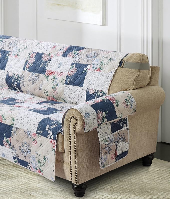 Brilliant Sunshine Roses in Beige Couch Sofa Armrest 5 Pockets Organizer, Slip Resistant Recliner Armchair Caddy, Washable Remote Controls Holder, Storage for Magazine, Phone, 35×13", Vintage Indigo