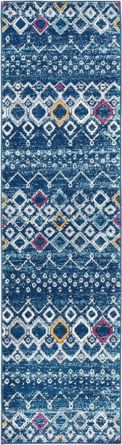 SAFAVIEH Amsterdam Collection Runner Rug - 2'3" x 14', Navy & Turquoise, Moroccan Boho Design, Non-Shedding & Easy Care, Ideal for High Traffic Areas in Living Room, Bedroom (AMS108M)