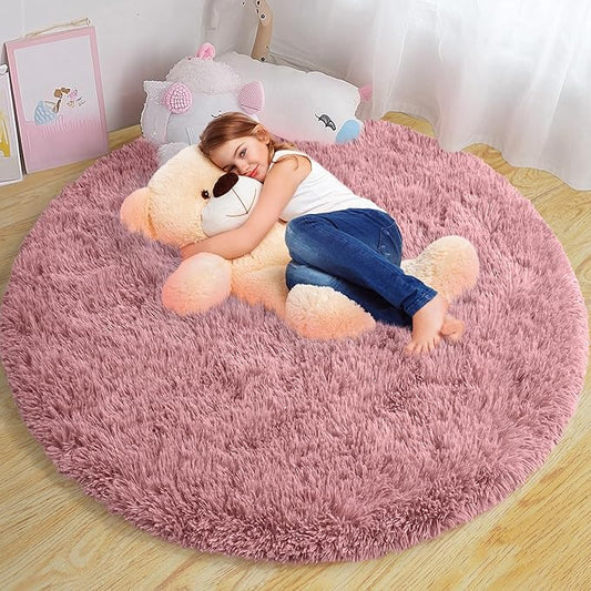 Xexsin Round Fluffy Rugs 5Ft for Girls Bedroom, Blush Pink Shag Circle Kids Rug Non-Slip for Bedside Dorm Nursery Playroom, Soft Cute Area Rugs for Living Room Decor