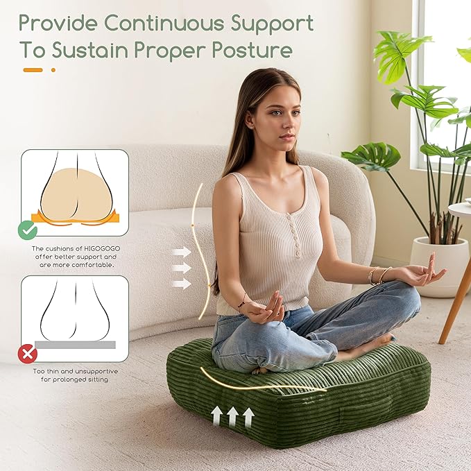 6" Washable Floor Pillow Cushion for Adults, Meditation Cushion Pillow, Large Square Floor Sitting, Removable Tufted Corduroy Cover, for Tatami Living Room or Yoga, 22x22 Inch, 2Pack, Machine Washable
